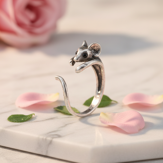 Mr. Sqeaks - The hugging mouse ring in a stunning setting
